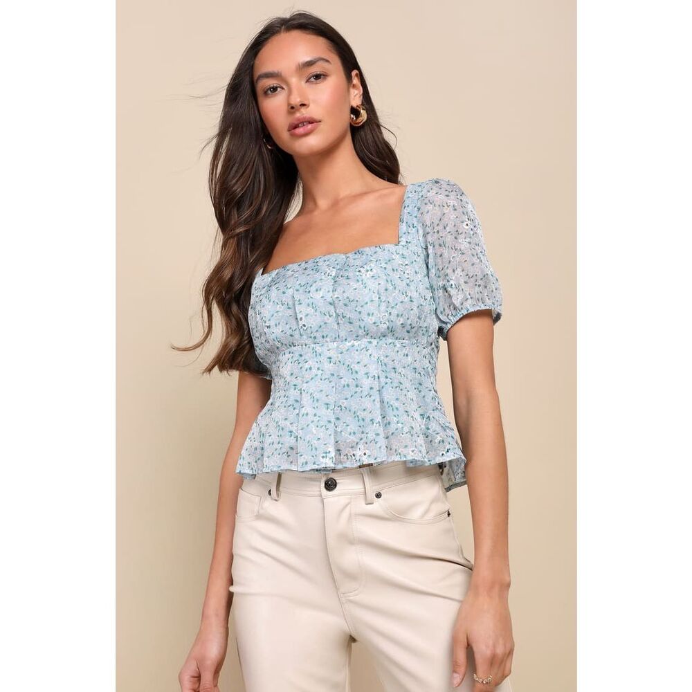 Lulus Dainty Effect Blue Floral Embroidered Pleated Puff Sleeve Top Size XS NWT